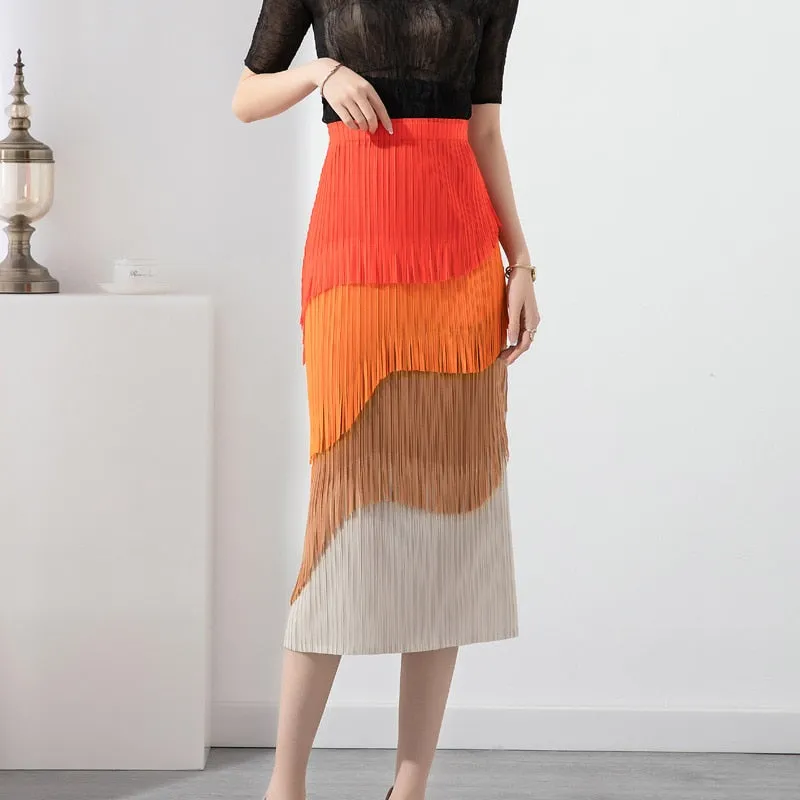 Miyake Pleated Color Block Tassel Layered Skirt