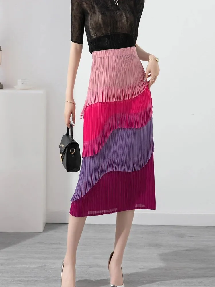 Miyake Pleated Color Block Tassel Layered Skirt