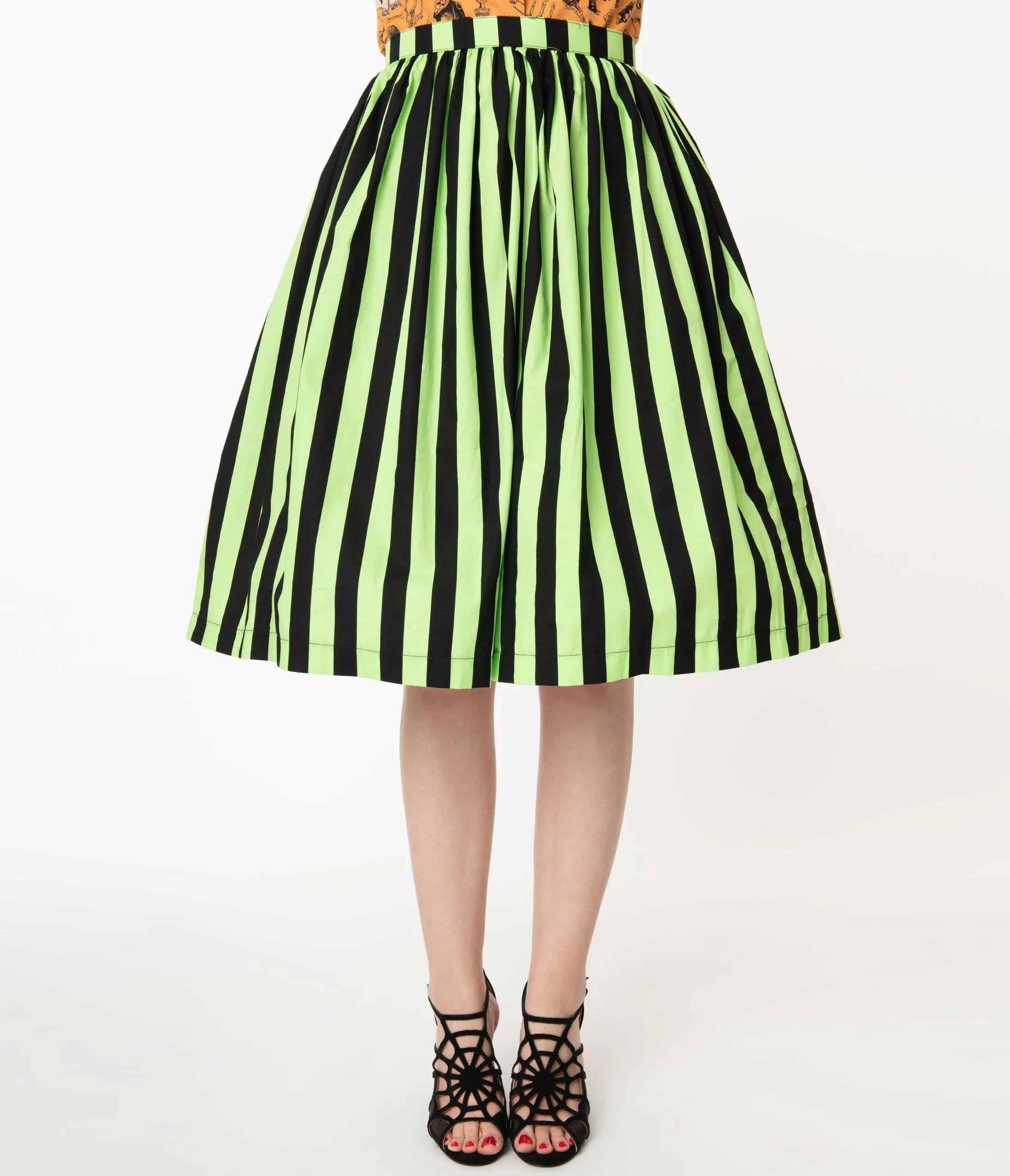 Neon Green & Black Striped Gathered Cotton Swing Skirt