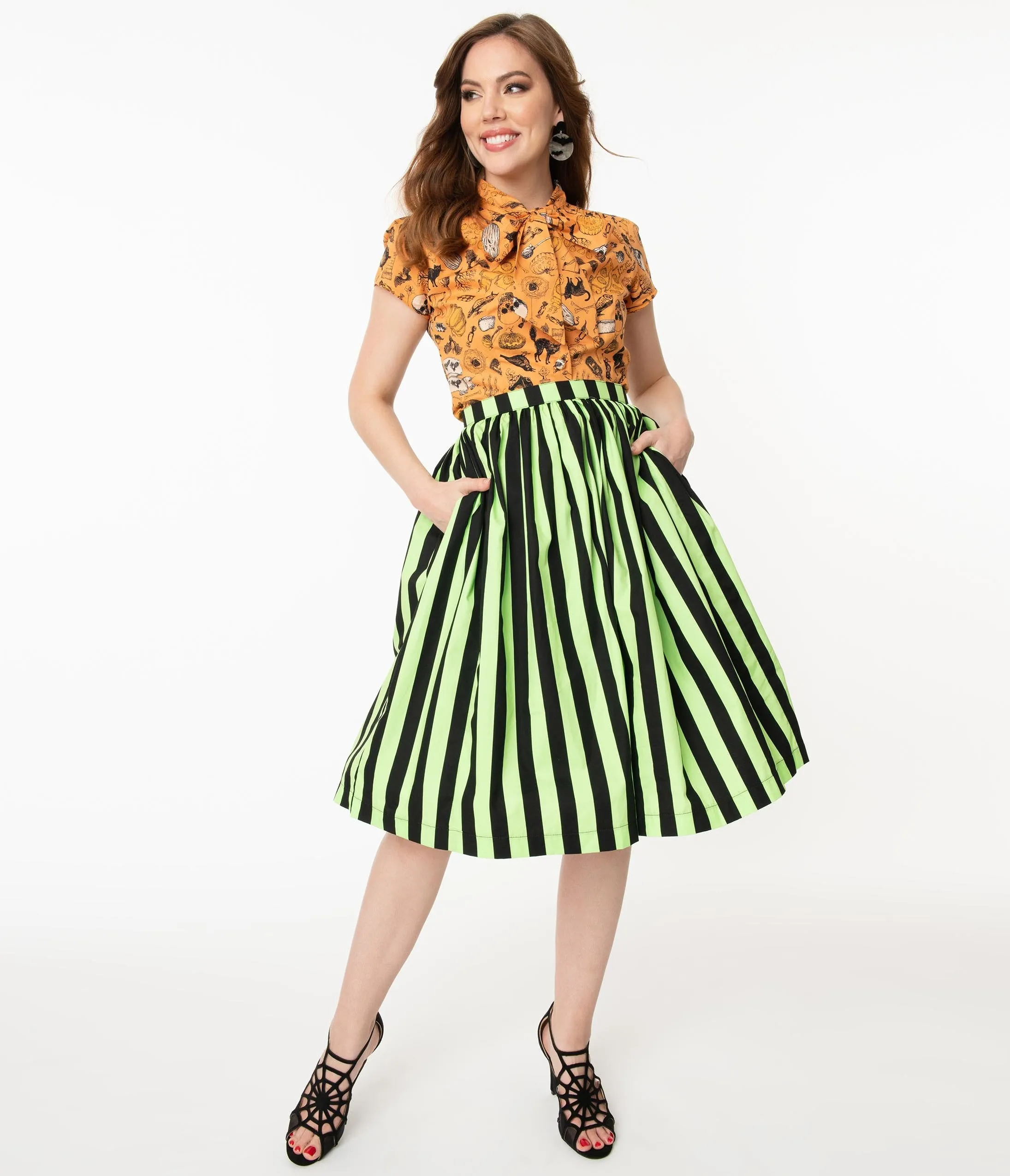 Neon Green & Black Striped Gathered Cotton Swing Skirt