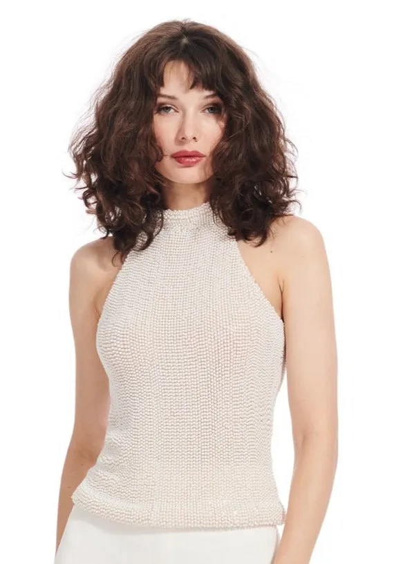 PEARL ENCRUSTED MOCK NECK TOP OYSTER