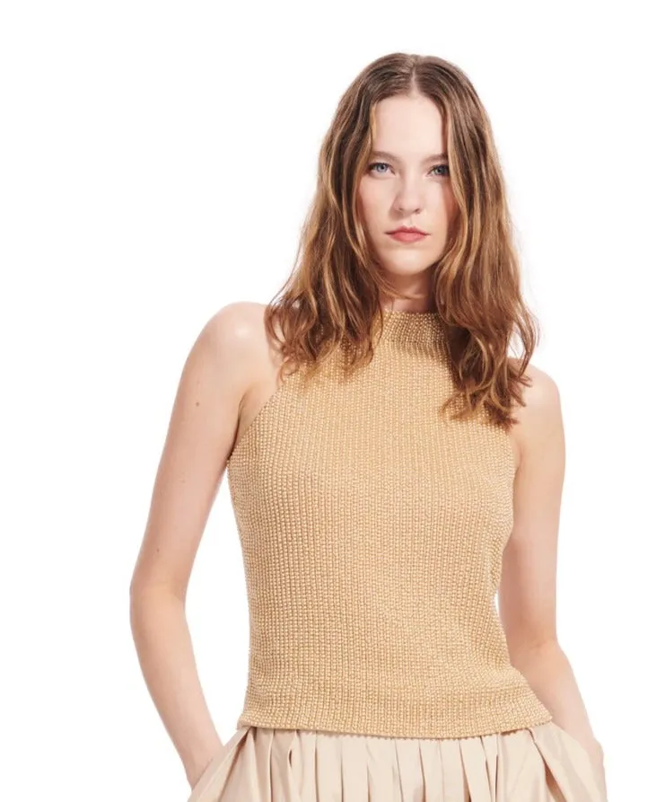 PEARL ENCRUSTED MOCK NECK TOP OYSTER