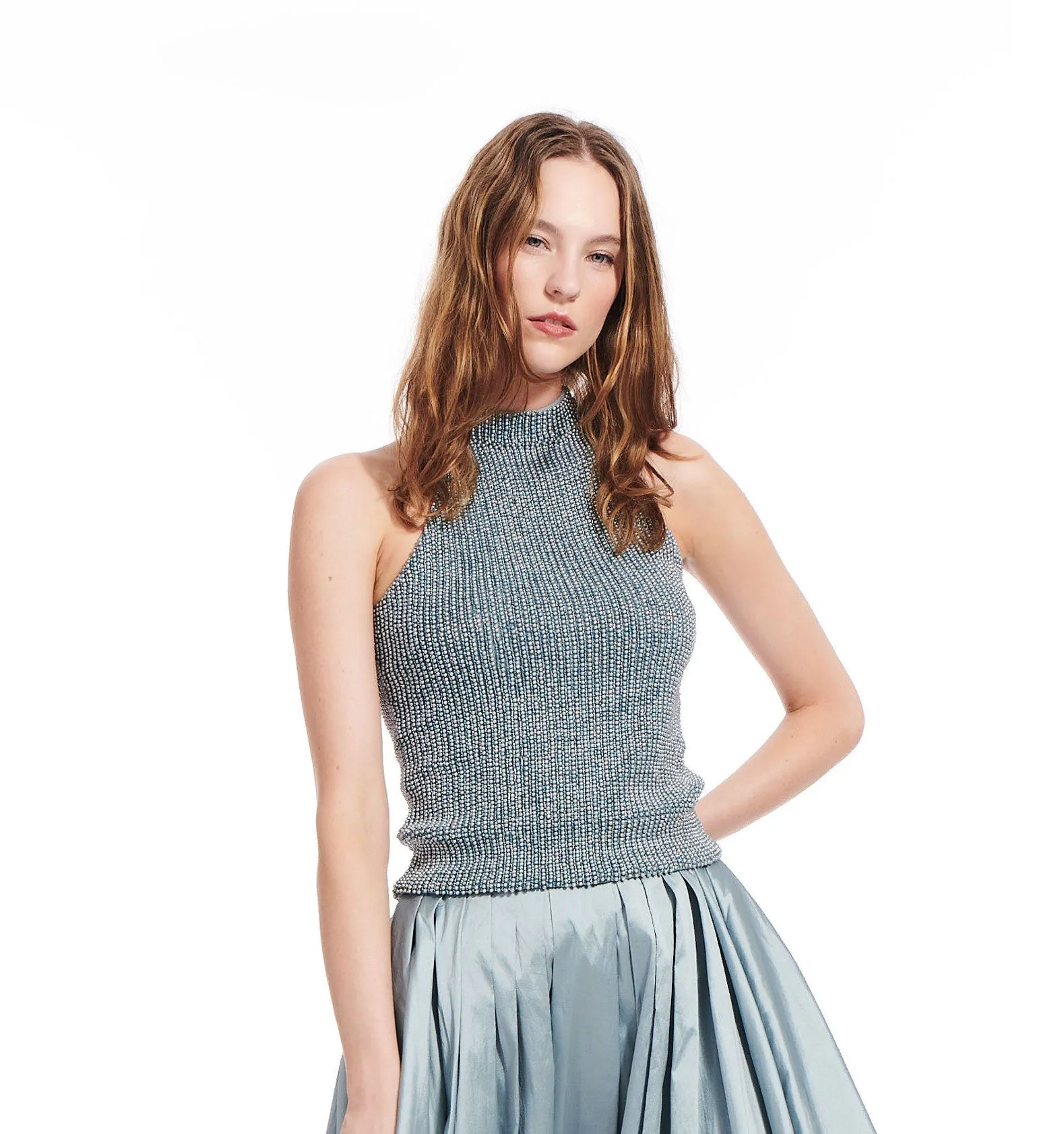 PEARL ENCRUSTED MOCK NECK TOP OYSTER