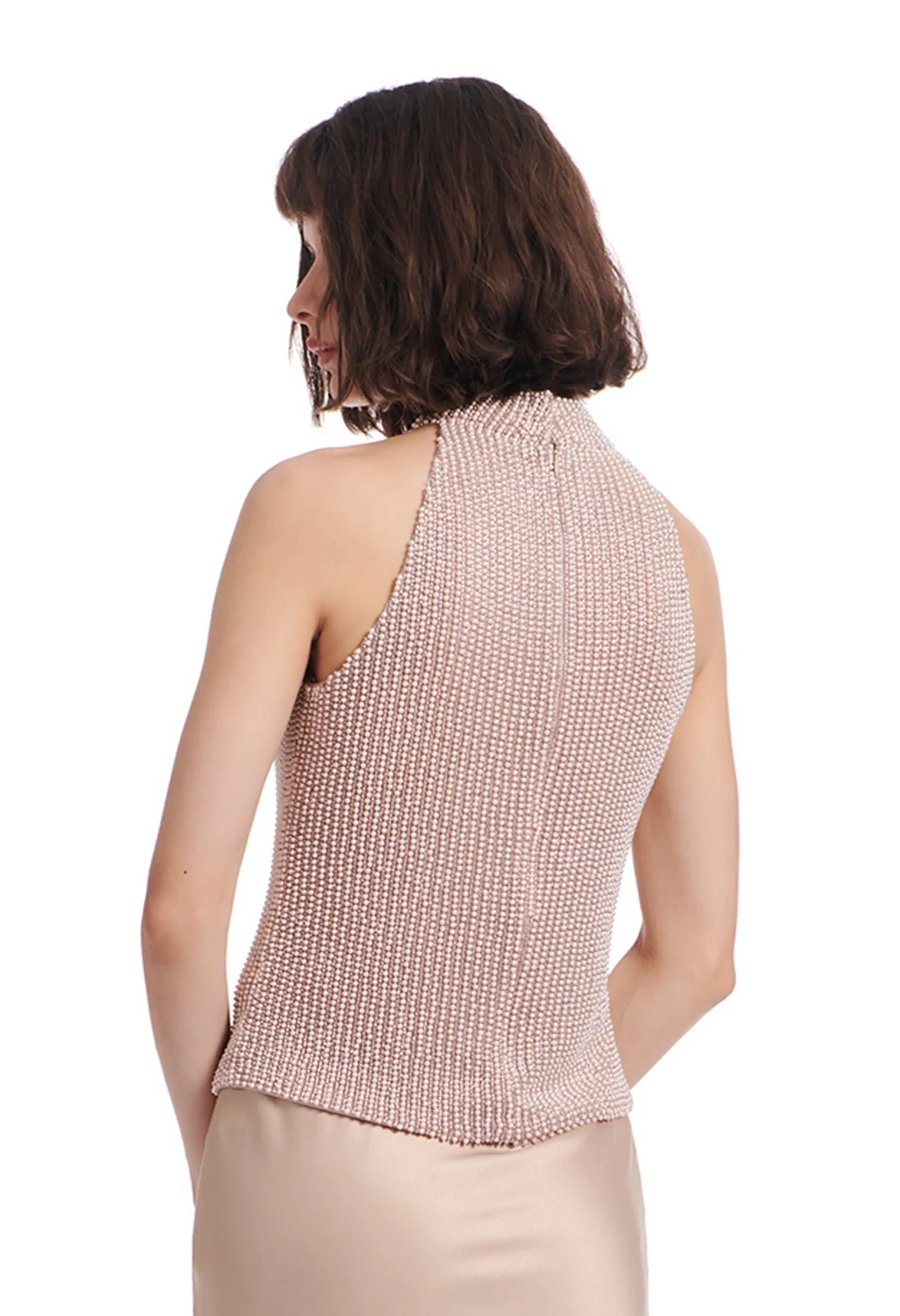 PEARL ENCRUSTED MOCK NECK TOP OYSTER