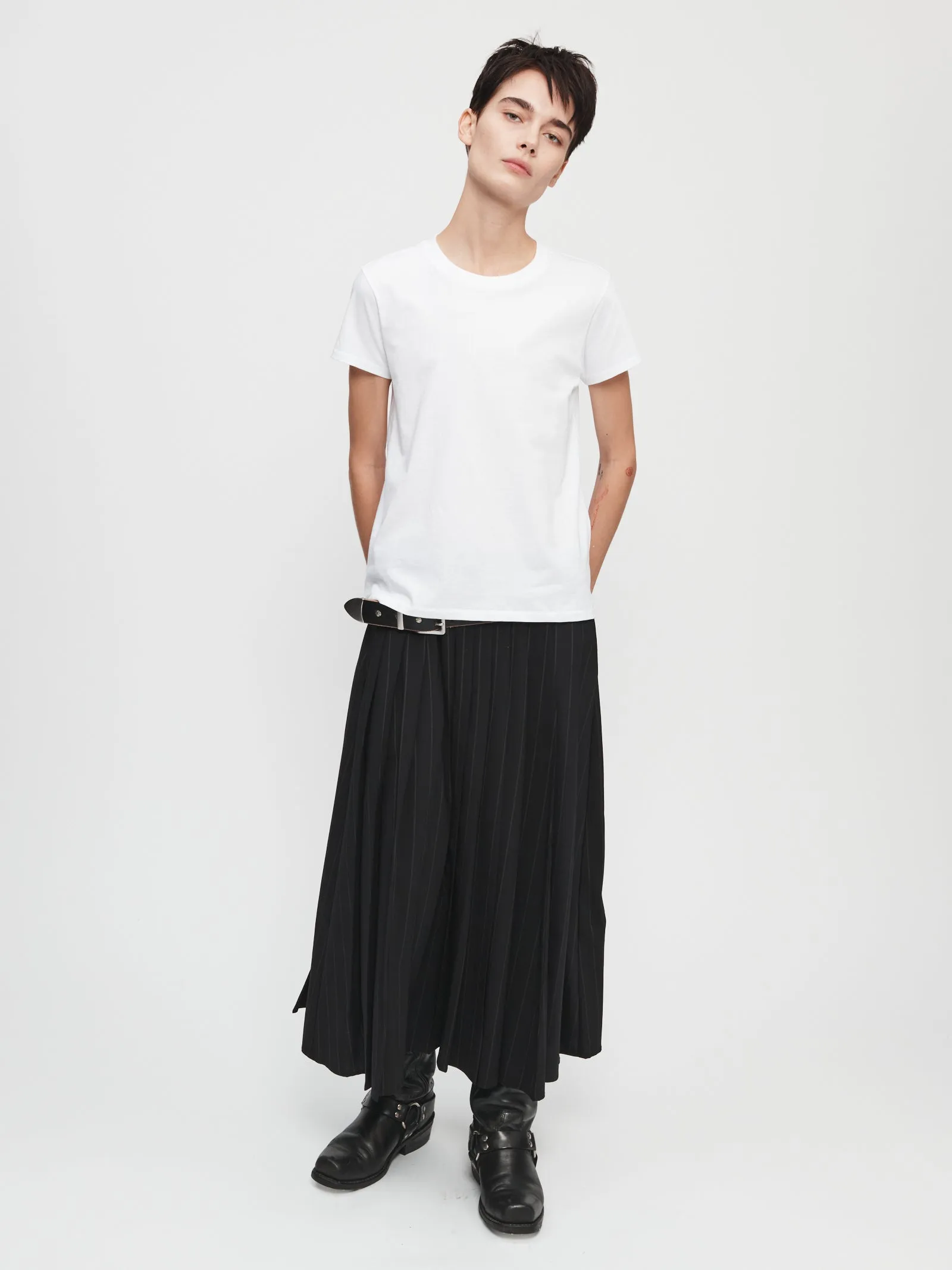 Pleated Wrap Skirt in Pinstripe