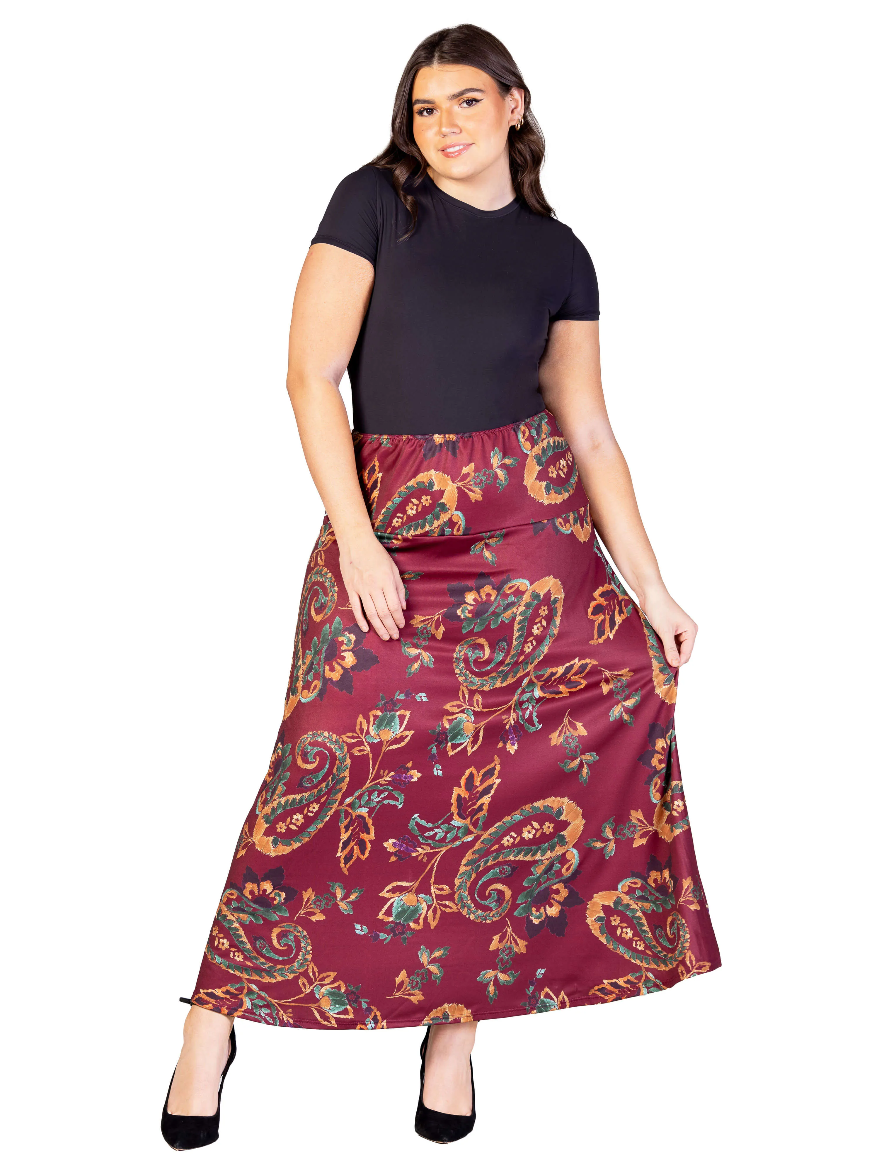 Plus Size Wine Print Elastic Waist A Line Maxi Skirt