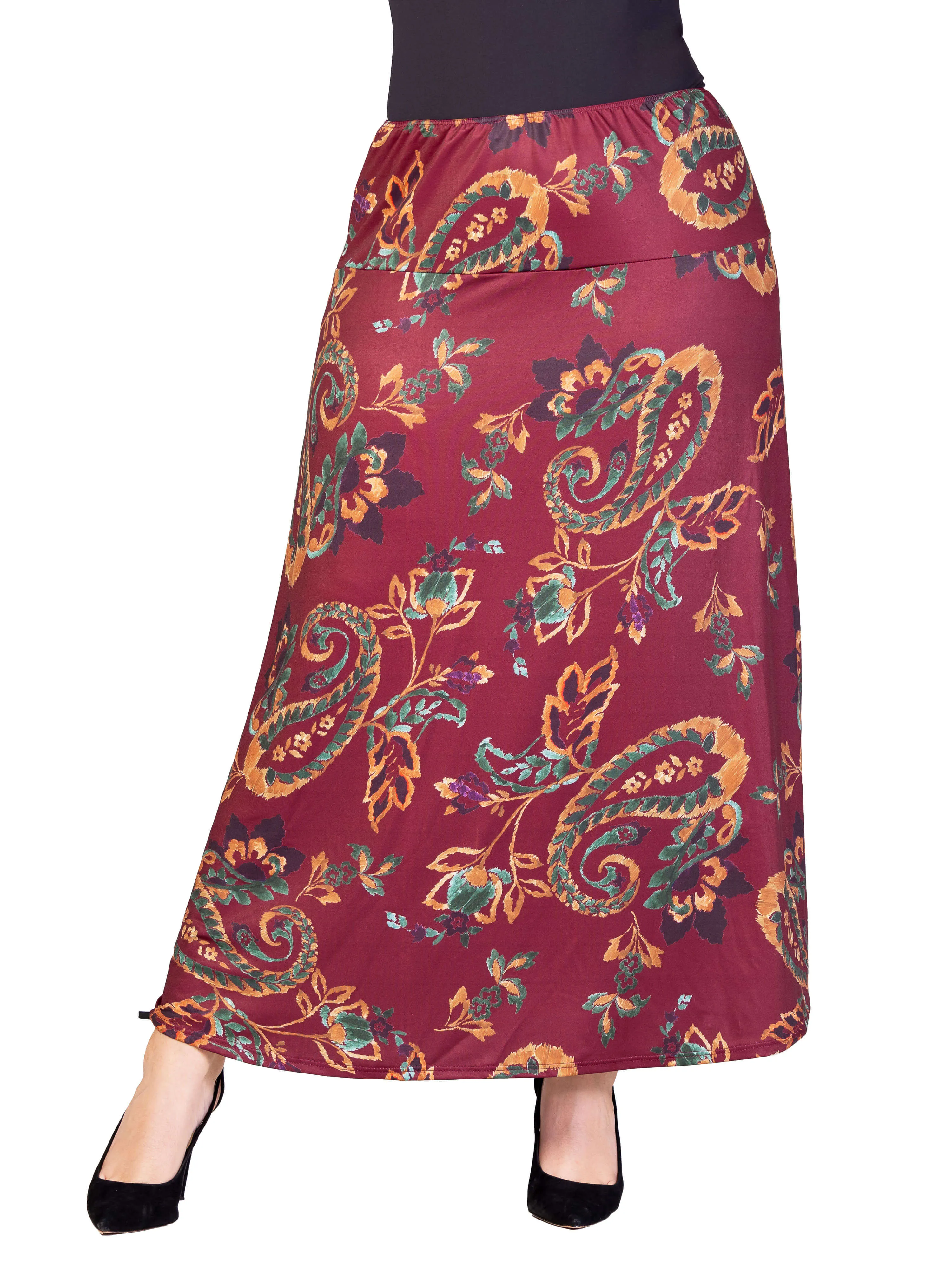 Plus Size Wine Print Elastic Waist A Line Maxi Skirt