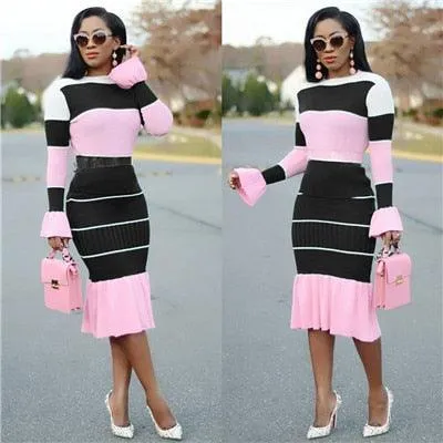 Retro Flare Fitted Striped Skirt Set