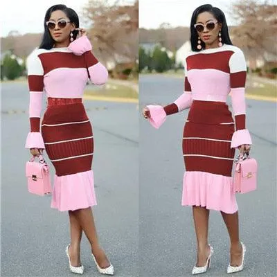 Retro Flare Fitted Striped Skirt Set