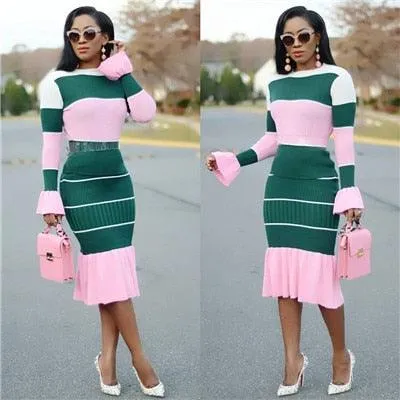 Retro Flare Fitted Striped Skirt Set