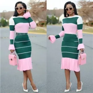 Retro Flare Fitted Striped Skirt Set