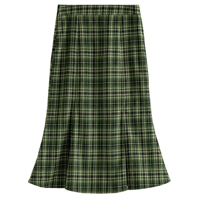 Retro Style Fashionable Plaid Pattern with Side-Slit Fishtail Skirts