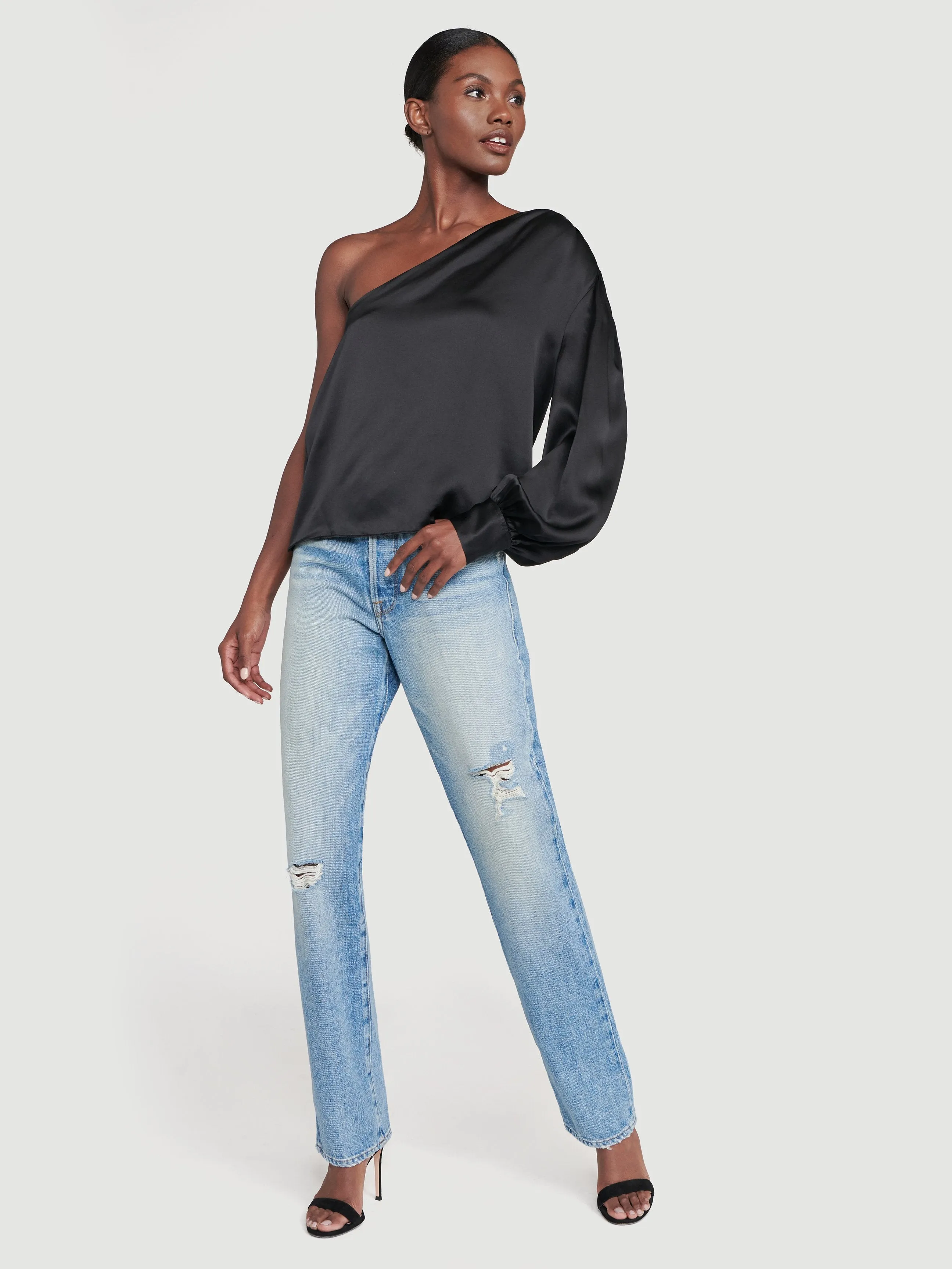 Silk Relaxed One Shoulder Top -- Noir