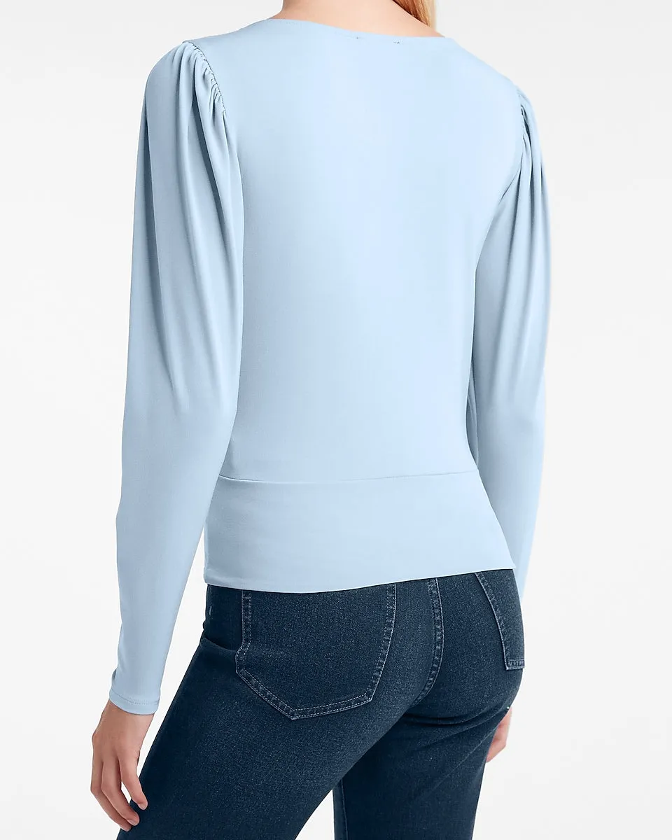 Solid Twist Front Puff Sleeve Tee in Dusk Blue