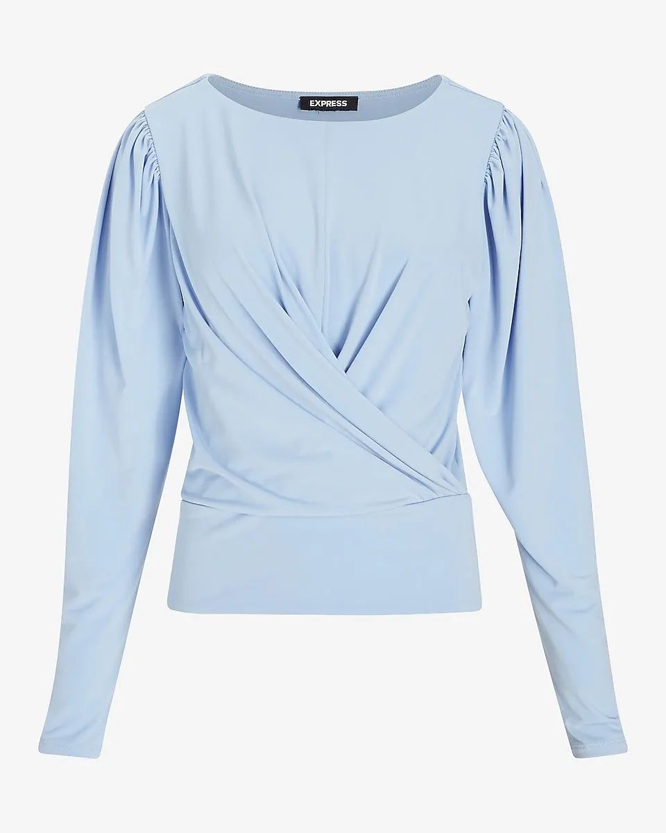 Solid Twist Front Puff Sleeve Tee in Dusk Blue