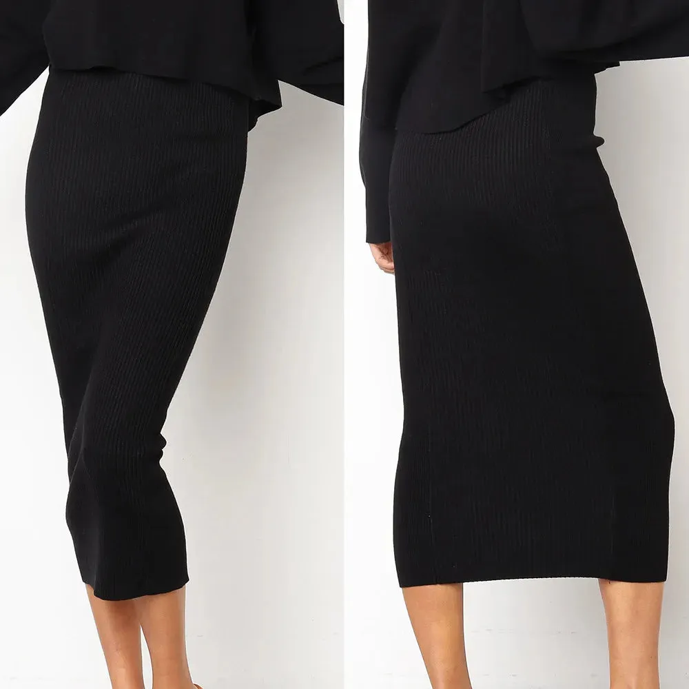 Summer Long Knitted Bodycon Slim Elegant Solid Black Midi Pencil Skirt