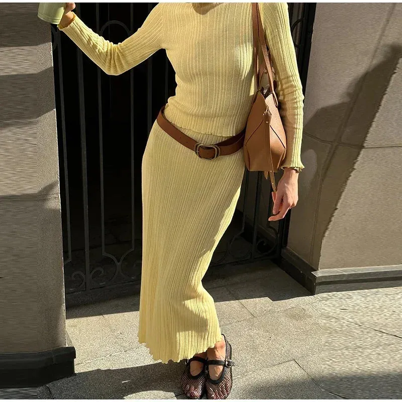 TAVIMART  -  Knit Top Skirt Sets Women O-neck Slim Long Sleeve Pullover Tops Hip Package Skirts 2024 Autumn Female Elegant Yellow Lady Outfit