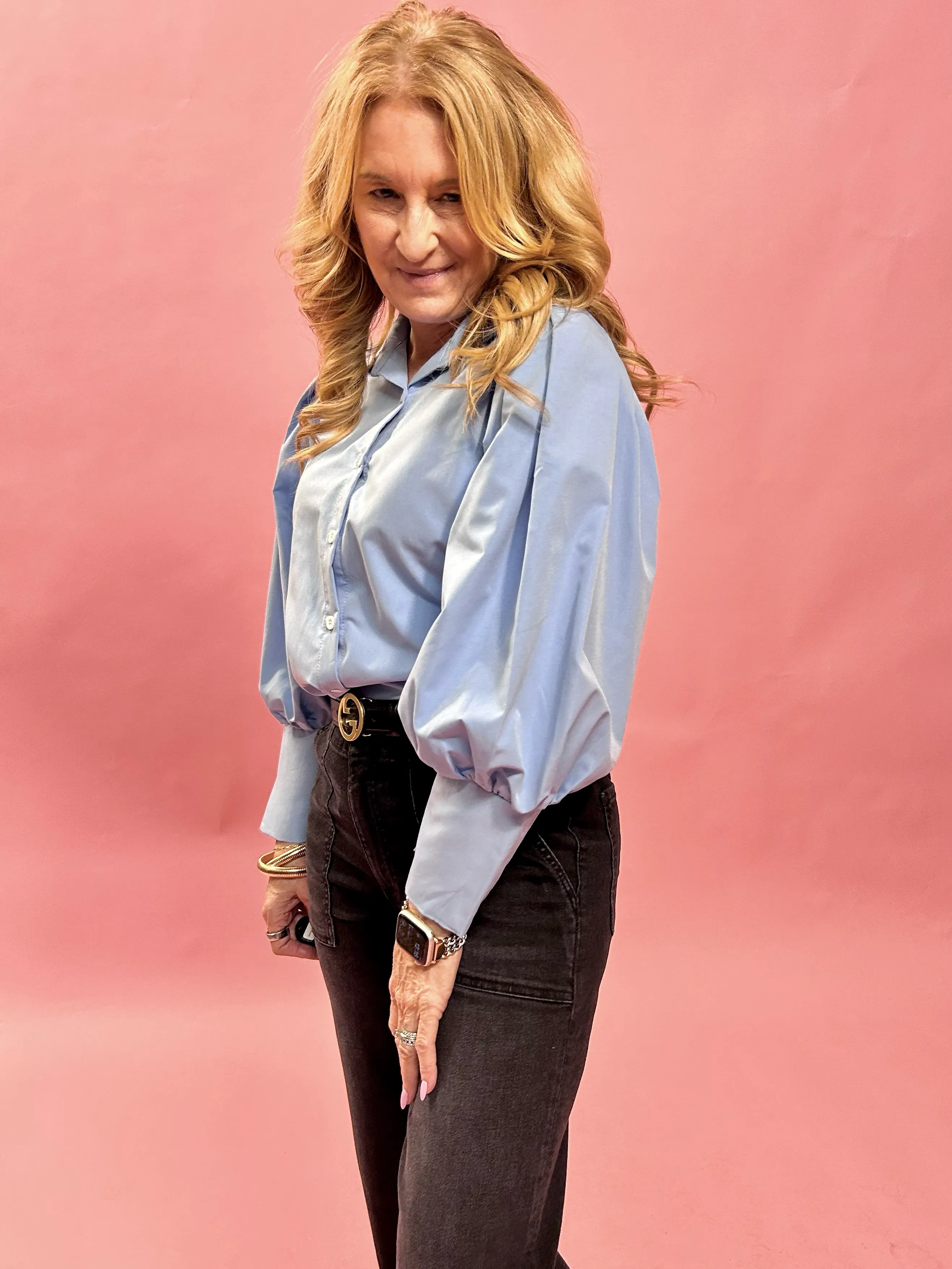 The Social Hour Puff-Sleeve Blouse in Blue