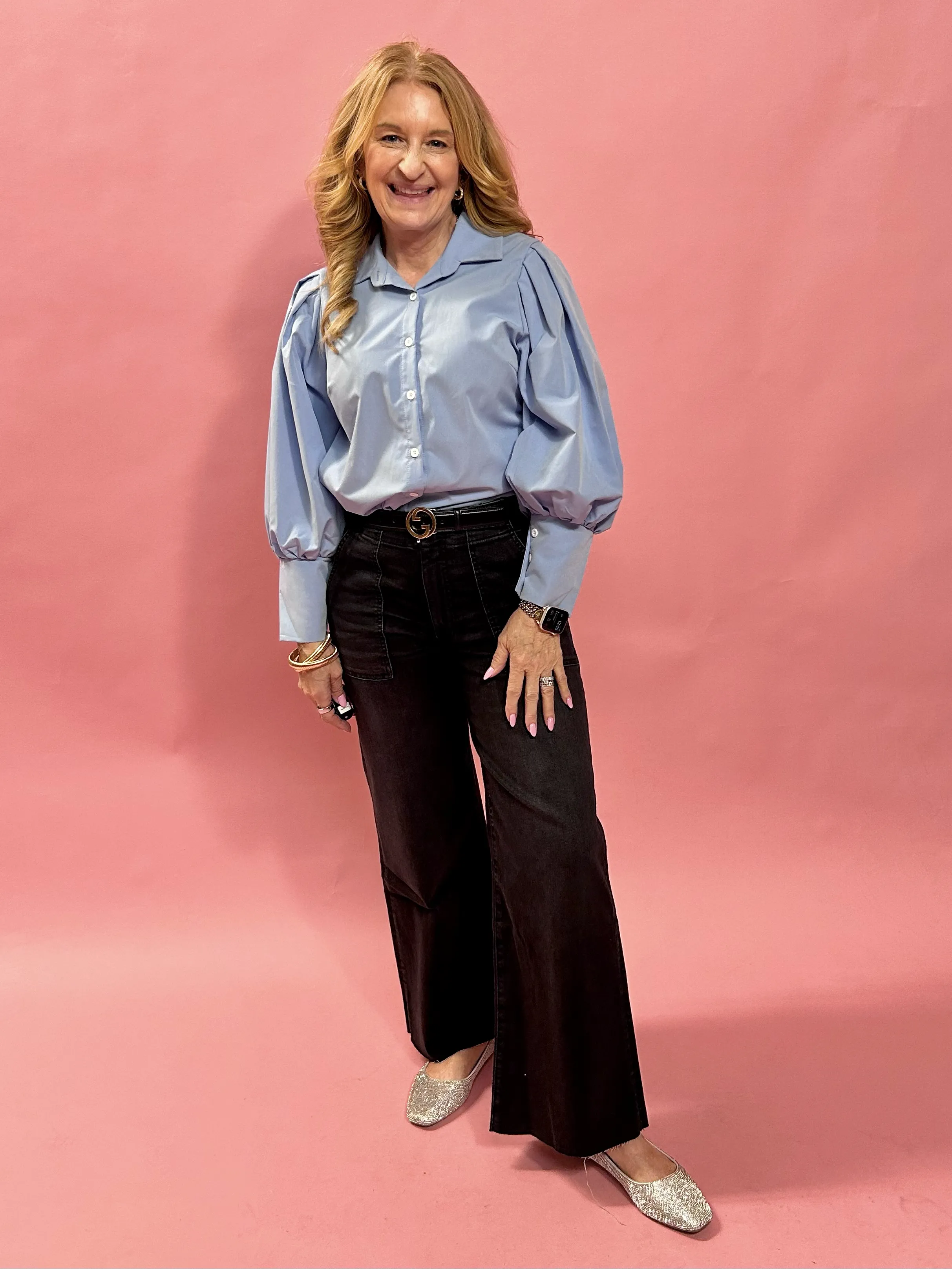 The Social Hour Puff-Sleeve Blouse in Blue