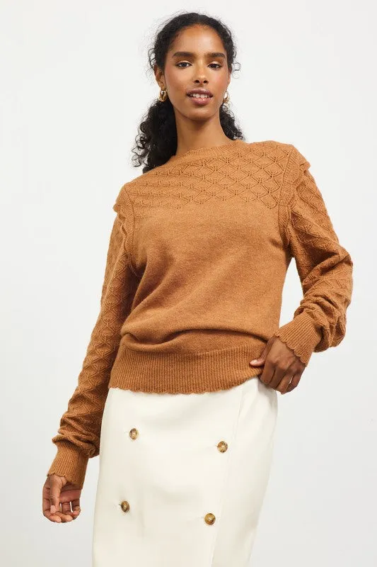 Toffee Pointelle Shoulder Ruffle Lightweight Sweater