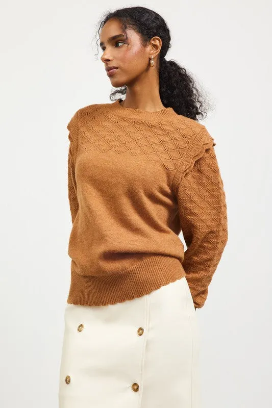 Toffee Pointelle Shoulder Ruffle Lightweight Sweater