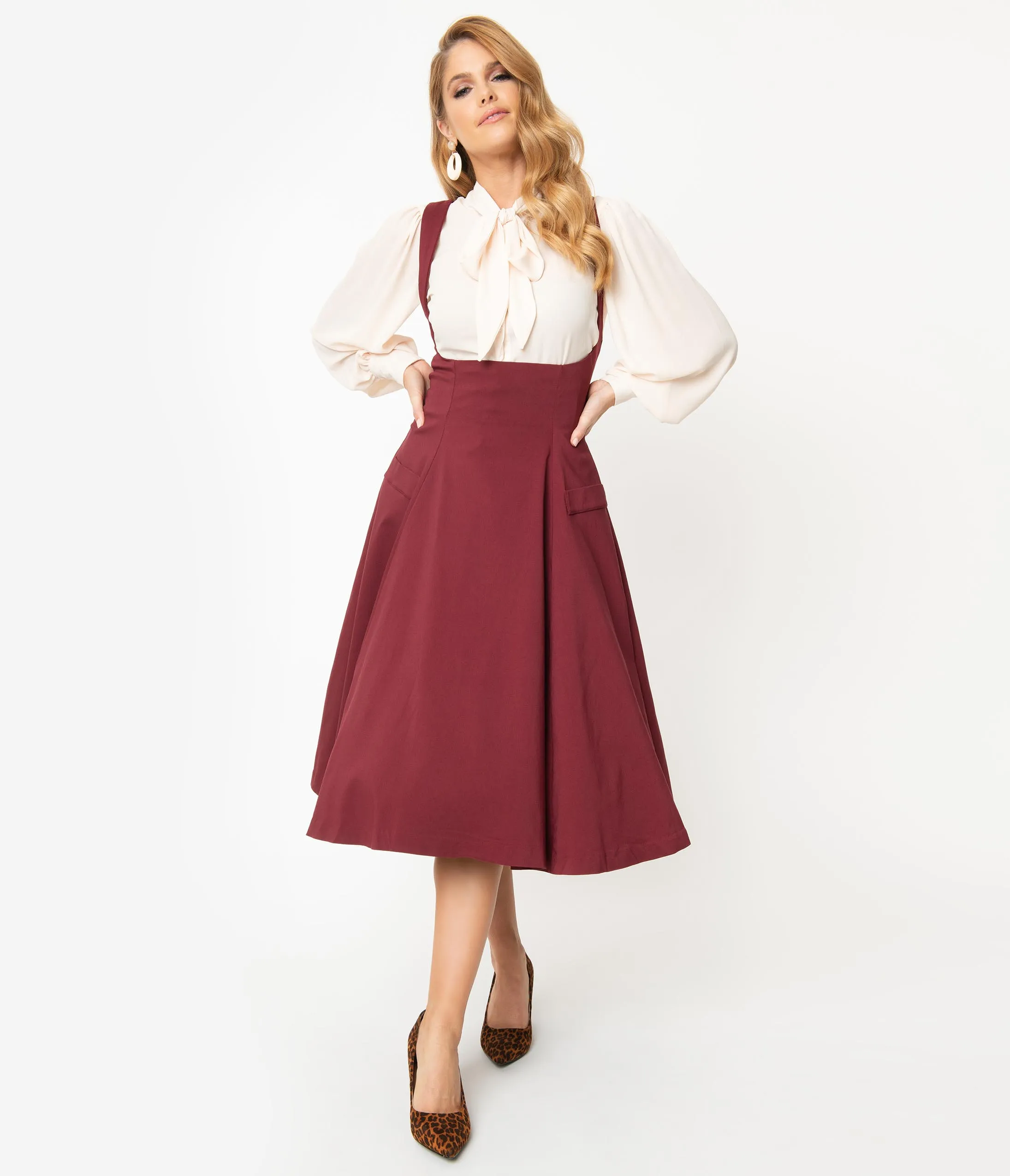 Unique Vintage 1950s Burgundy High Waisted Amma Suspender Swing Skirt