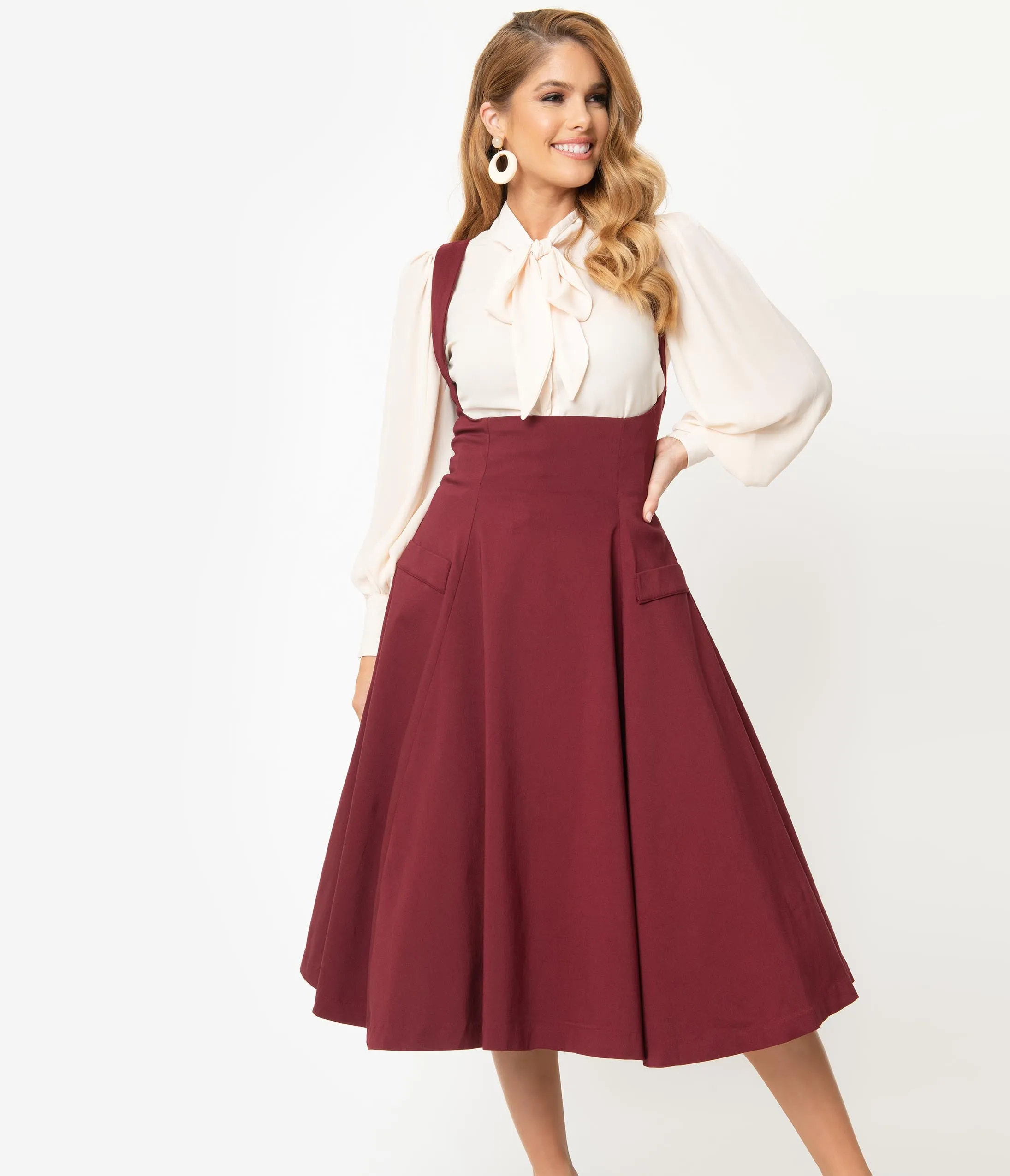 Unique Vintage 1950s Burgundy High Waisted Amma Suspender Swing Skirt