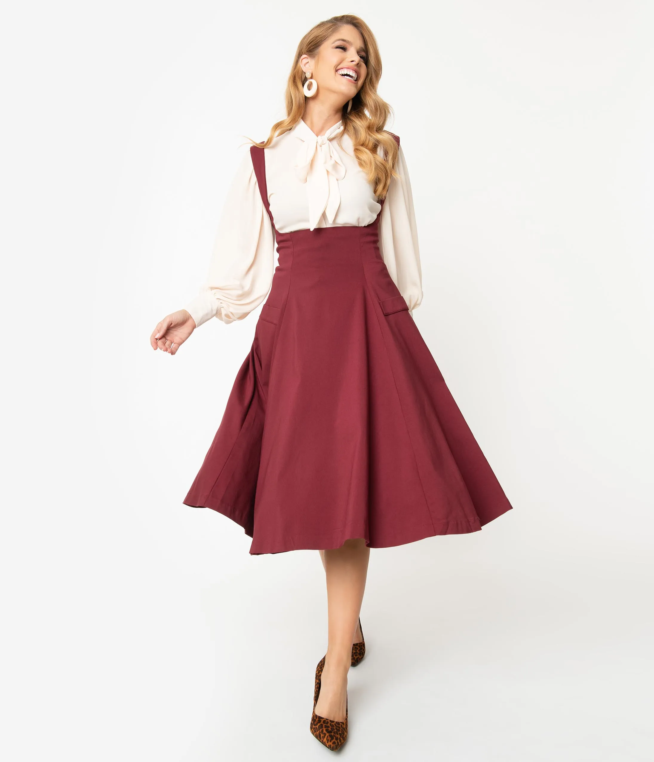 Unique Vintage 1950s Burgundy High Waisted Amma Suspender Swing Skirt