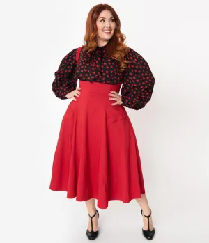 Unique Vintage Plus Size 1950s Red Amma Suspender Swing Skirt