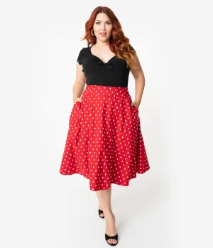 Unique Vintage Plus Size Retro Style Red & White Polka Dot High Waist Vivien Swing Skirt