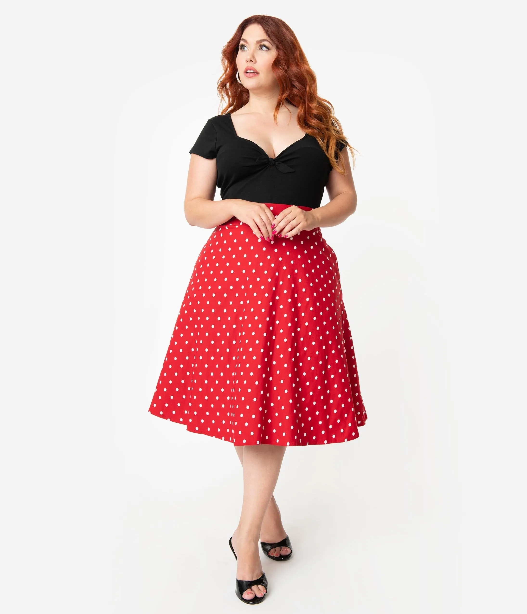 Unique Vintage Plus Size Retro Style Red & White Polka Dot High Waist Vivien Swing Skirt