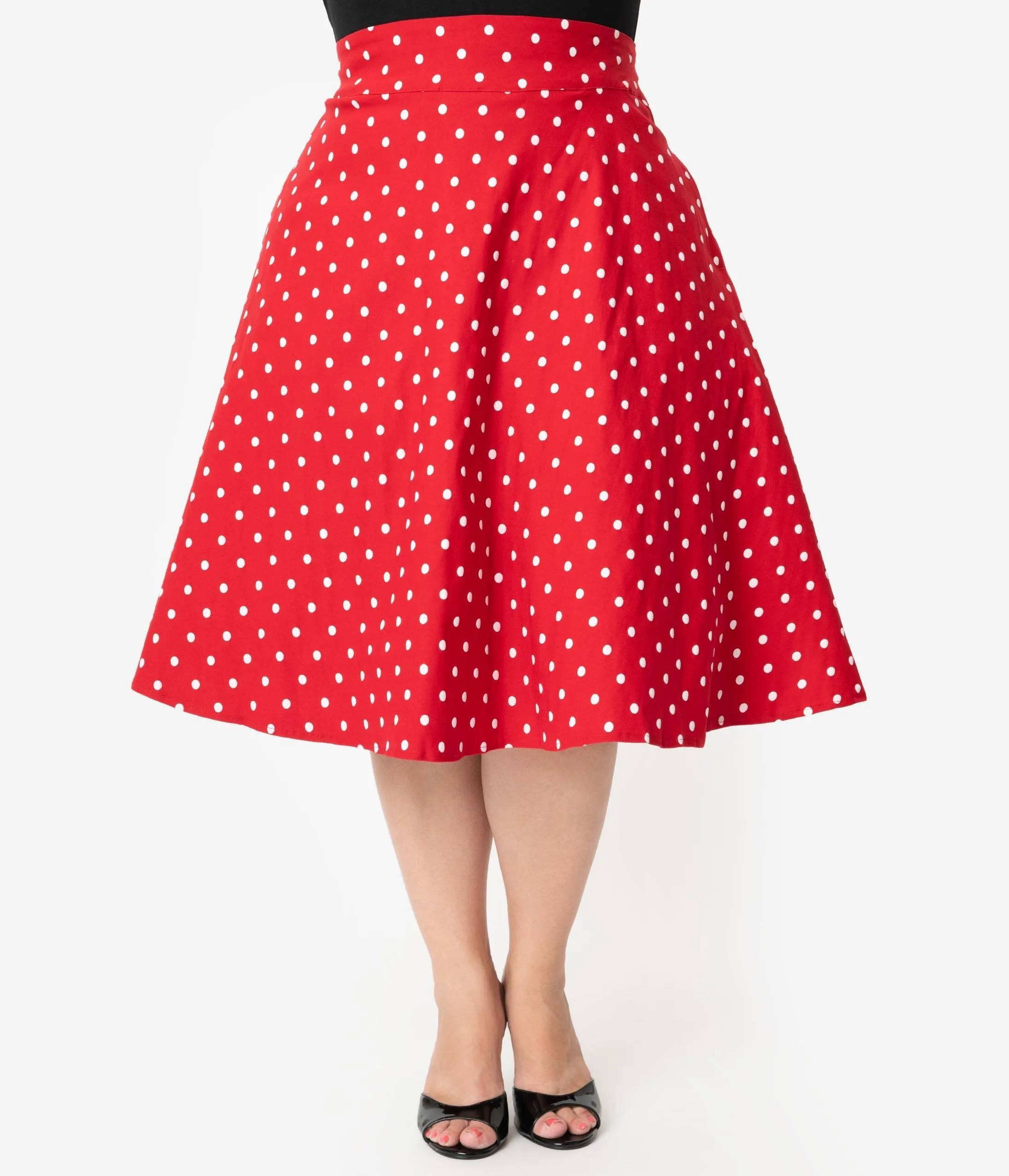 Unique Vintage Plus Size Retro Style Red & White Polka Dot High Waist Vivien Swing Skirt