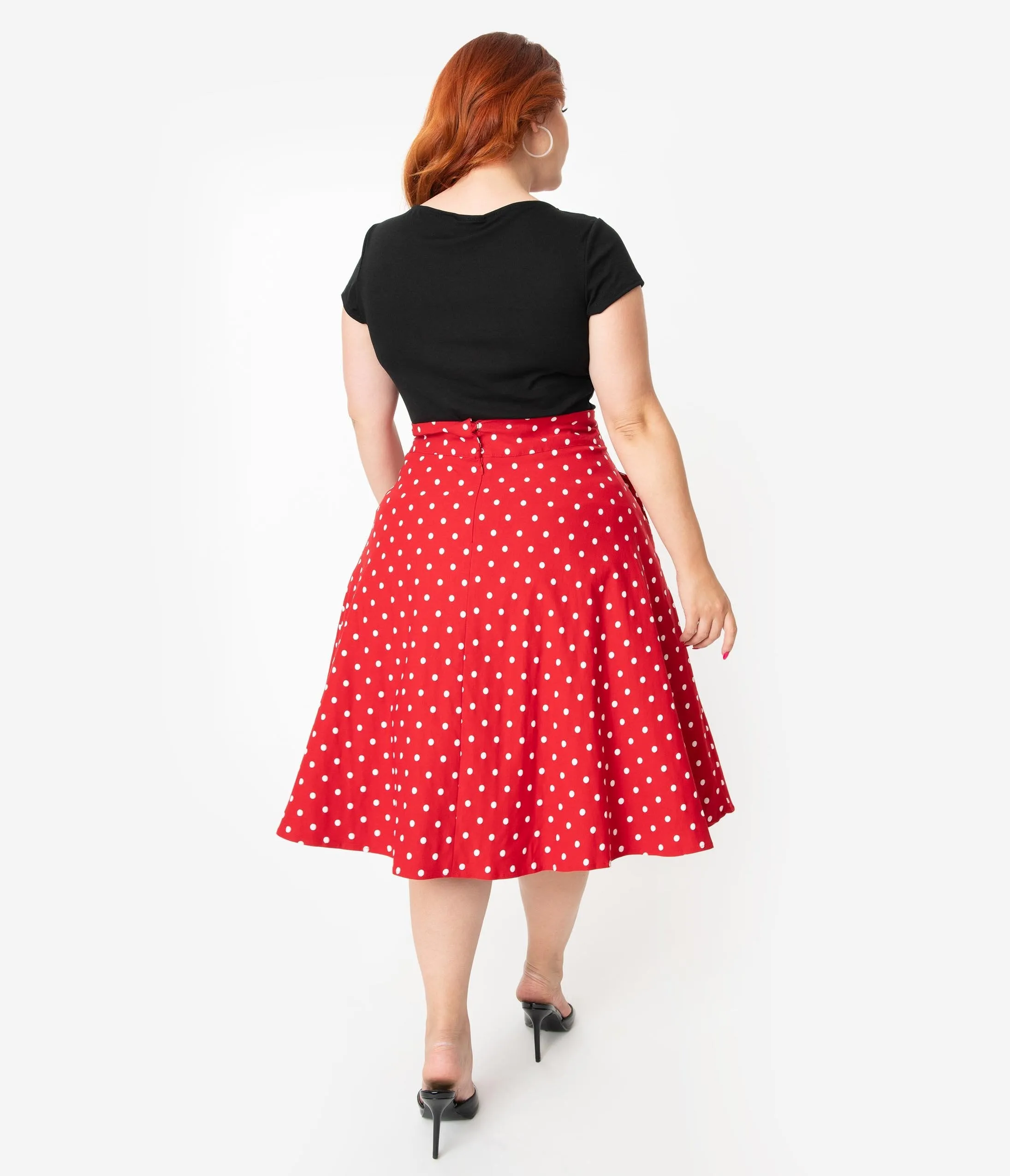 Unique Vintage Plus Size Retro Style Red & White Polka Dot High Waist Vivien Swing Skirt