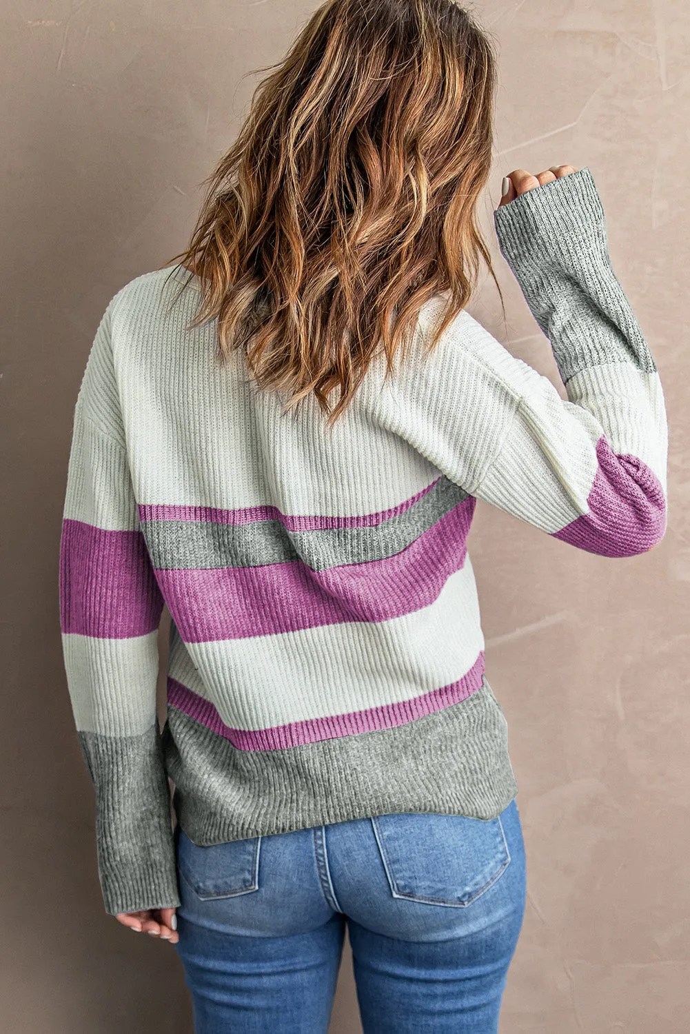 V Neck Button Closure Colorblock Knit Sweater