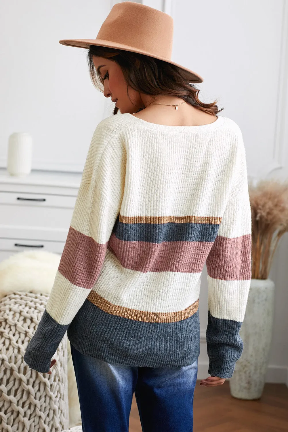 V Neck Button Closure Colorblock Knit Sweater