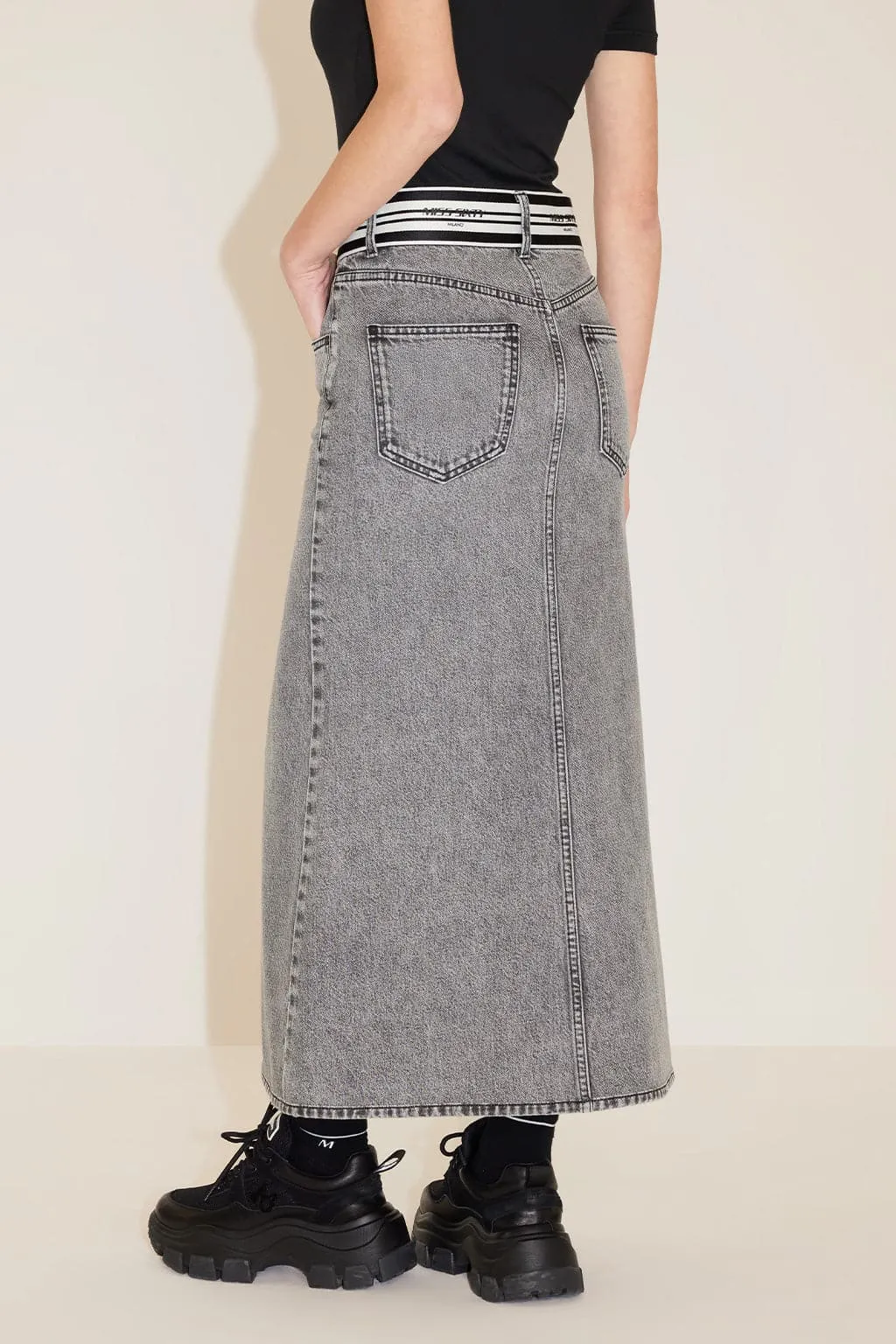 Vintage Denim Skirt With Stripe Waistline