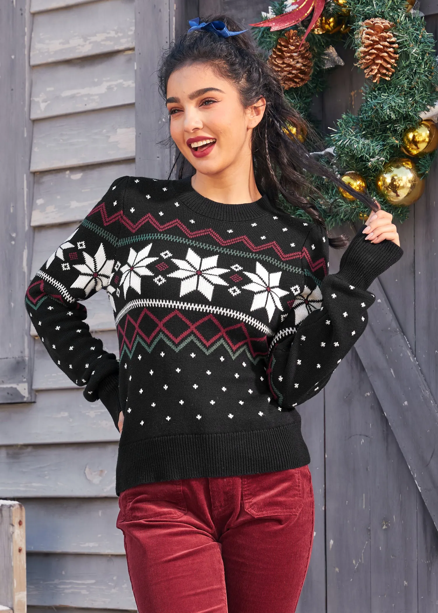 Whimsical Winter Puff Shoulder Sweater