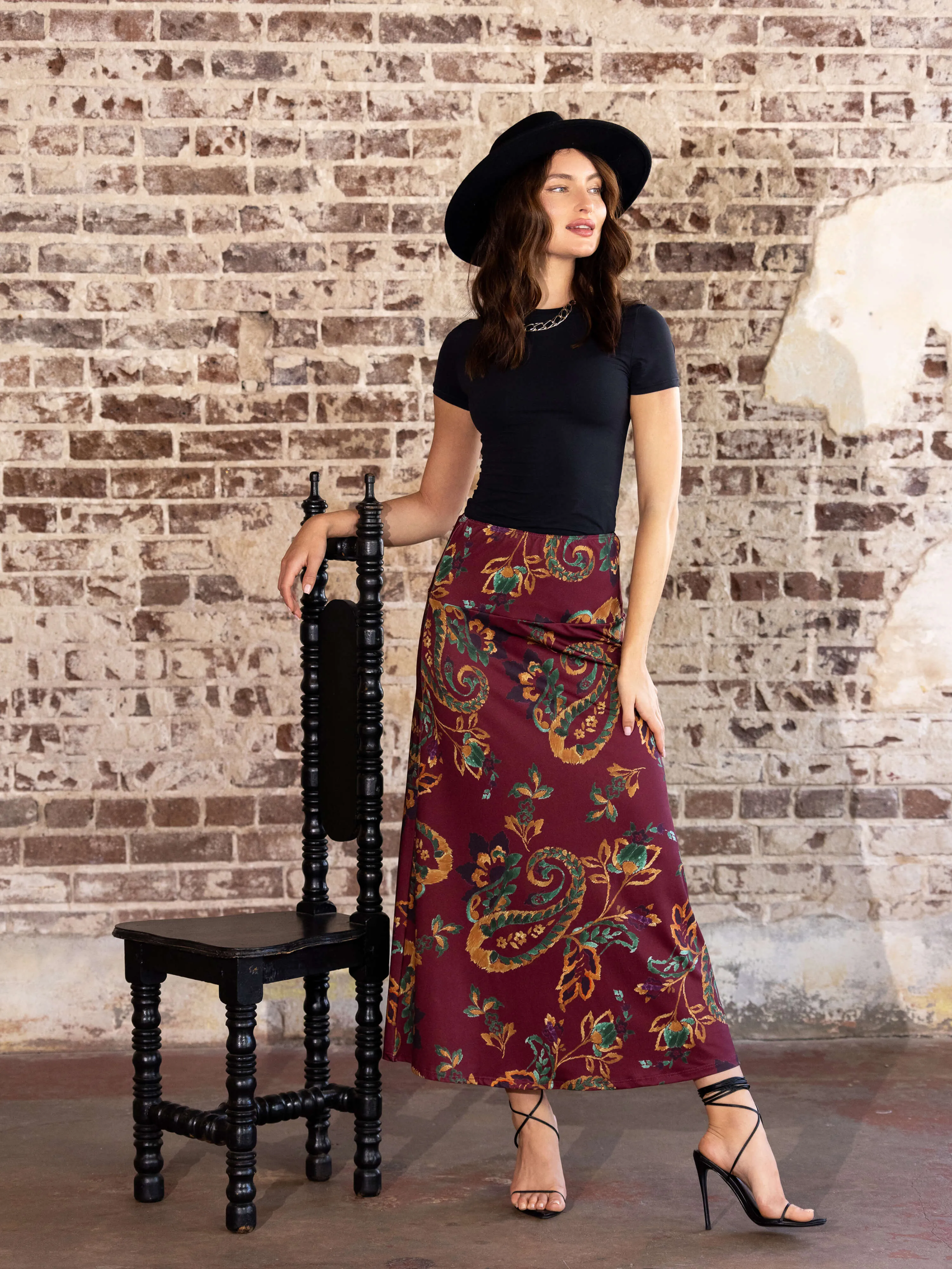 Wine Print Elastic Waist A Line Maxi Skirt