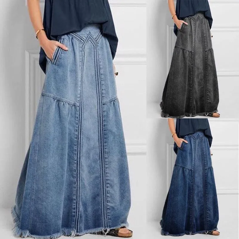 Women Distressed Solid Color Elastic Waist Loose Denim Skirt