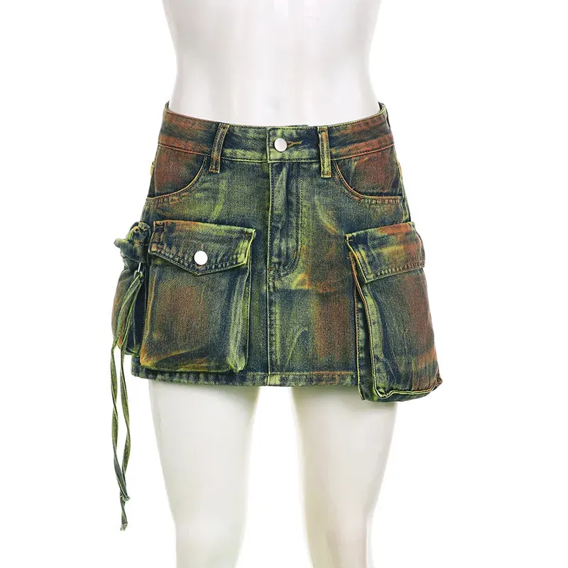 Women's Low Denim Short Skirts with Pockets