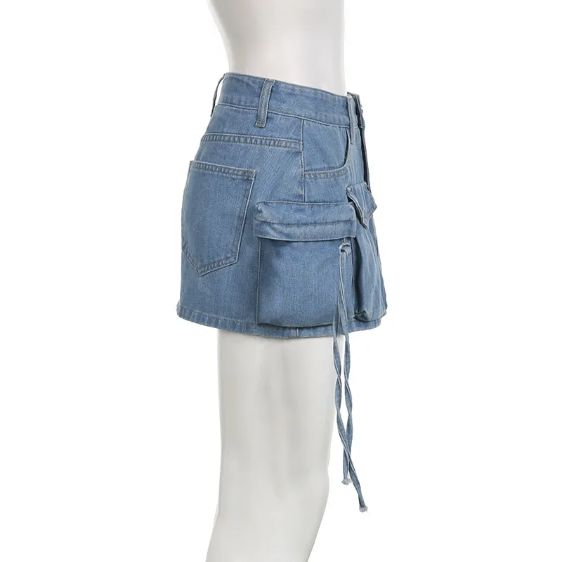 Women's Low Denim Short Skirts with Pockets