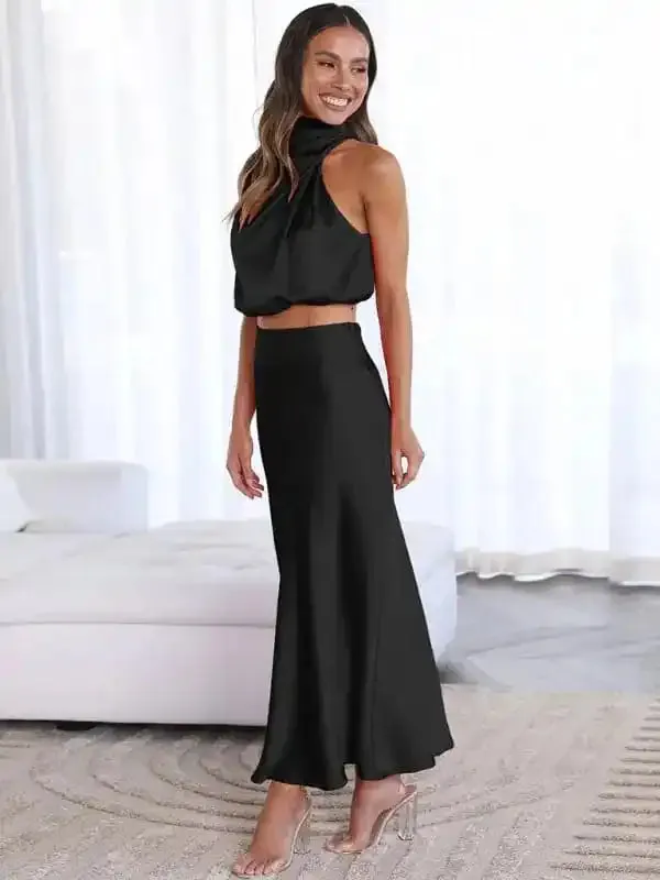 Women’s Sexy Bib Top Drape Skirt Elegant Two-Piece Set