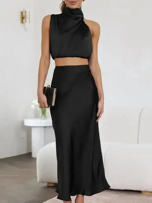 Women’s Sexy Bib Top Drape Skirt Elegant Two-Piece Set