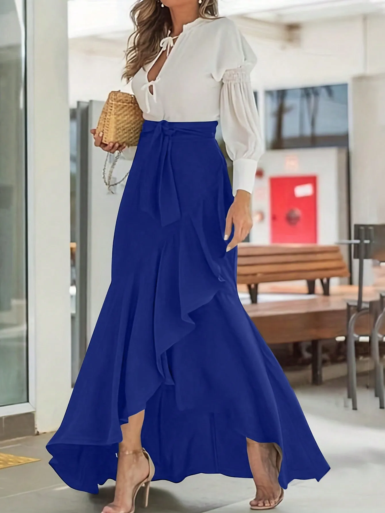 Women's Solid Color Lace Hem Elegant Tie-Waist Skirt