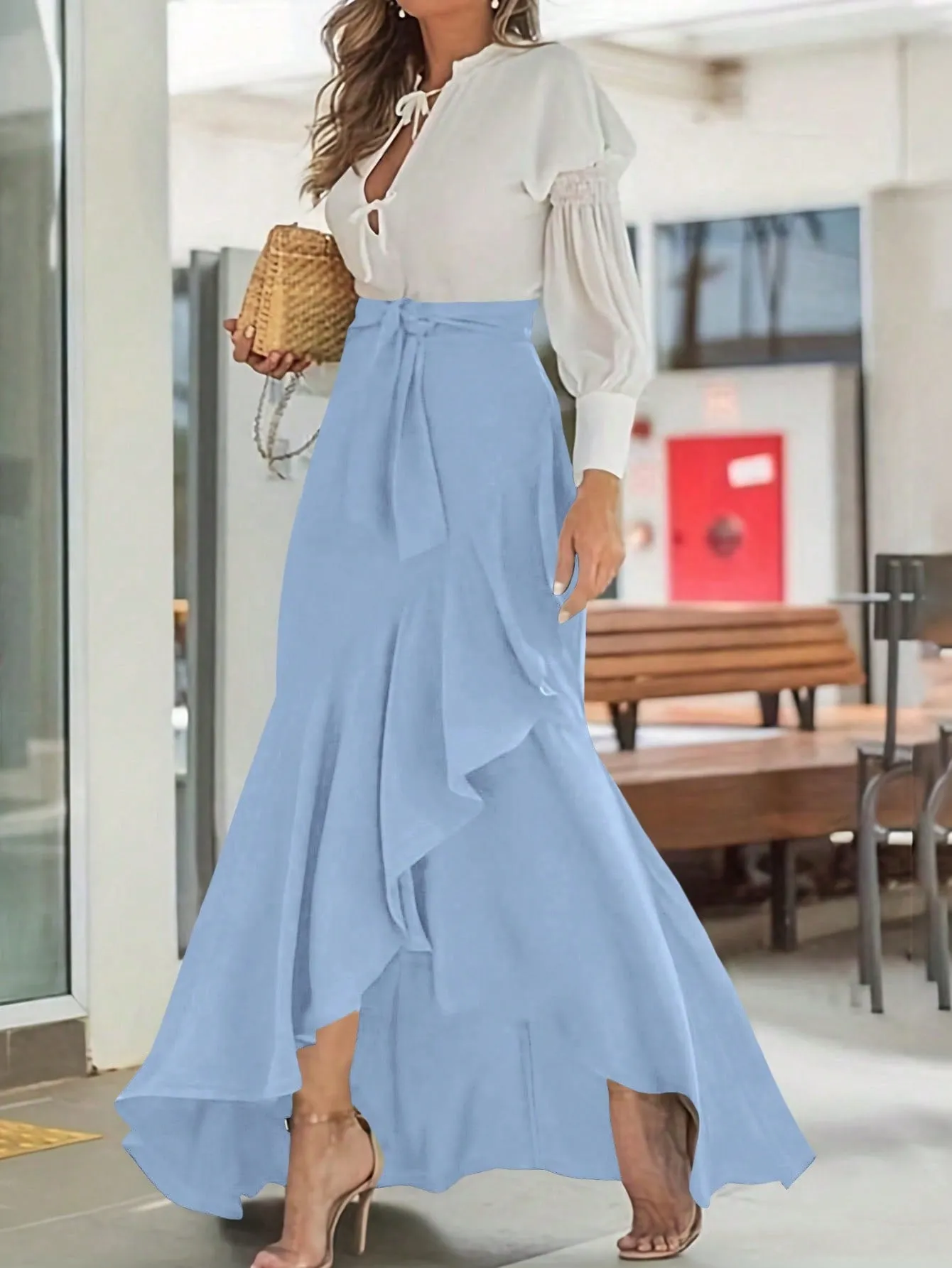 Women's Solid Color Lace Hem Elegant Tie-Waist Skirt