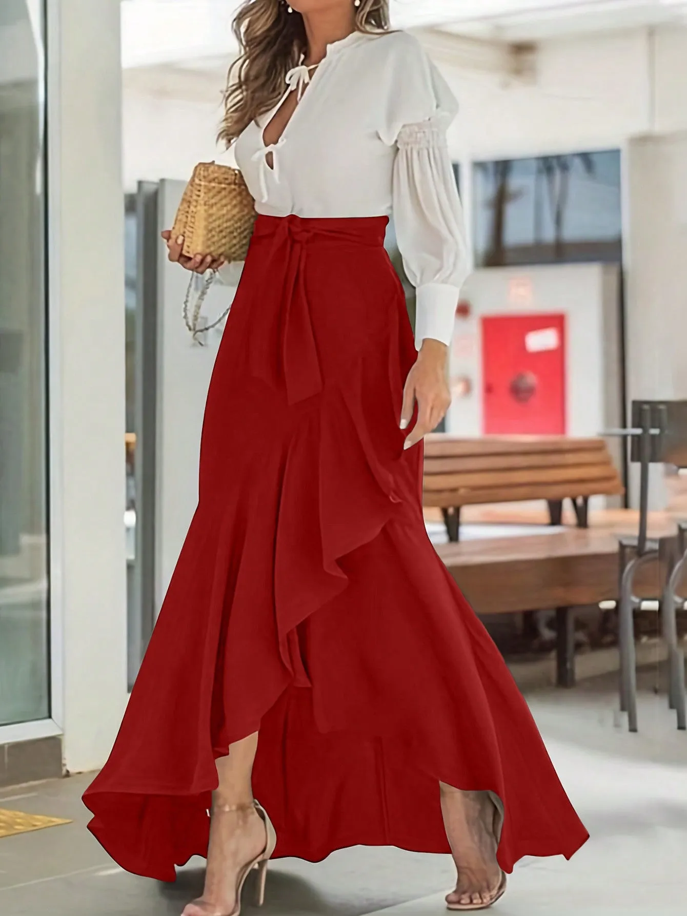 Women's Solid Color Lace Hem Elegant Tie-Waist Skirt