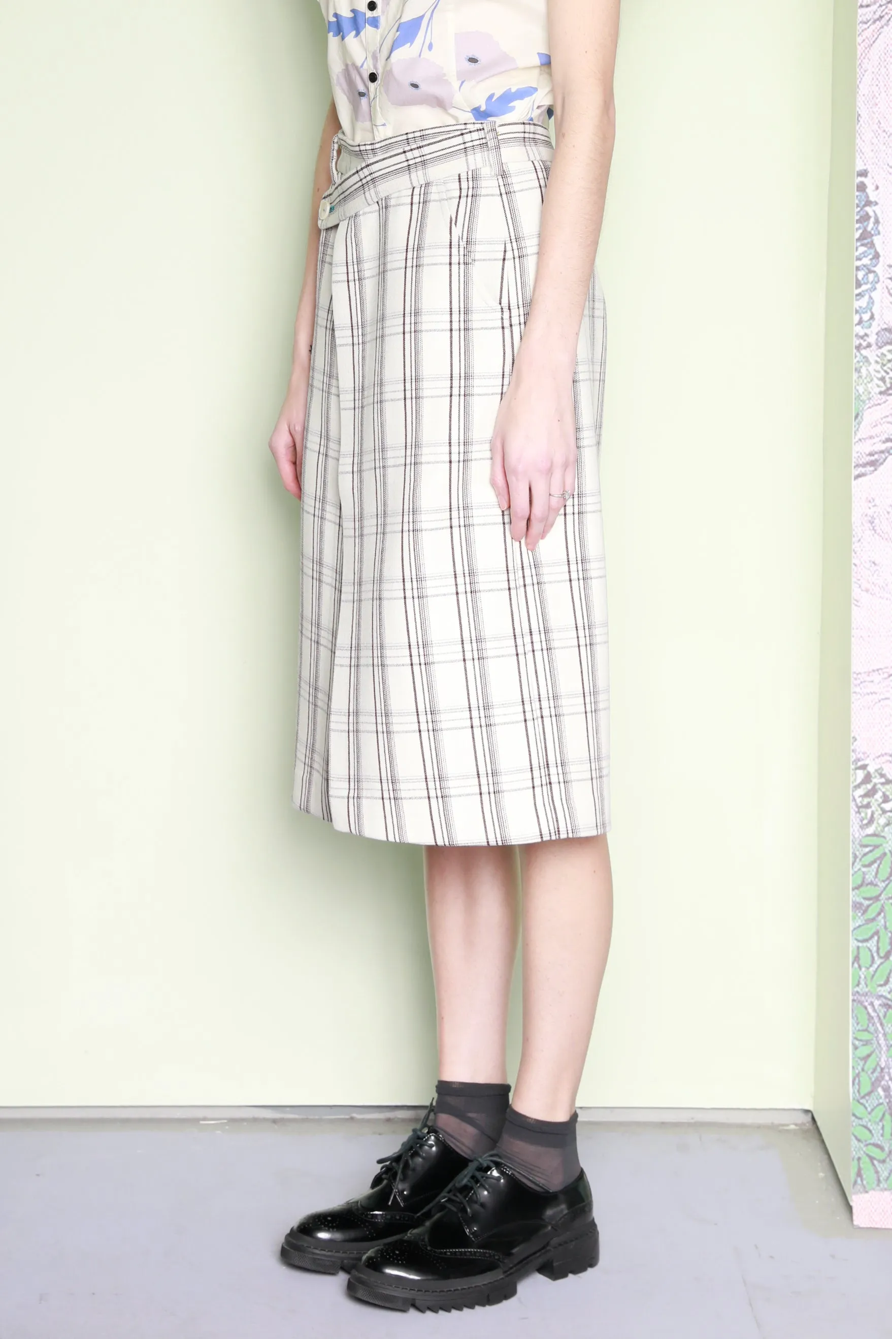 Wool Plaid and Silk Pleated Wrap Skirt