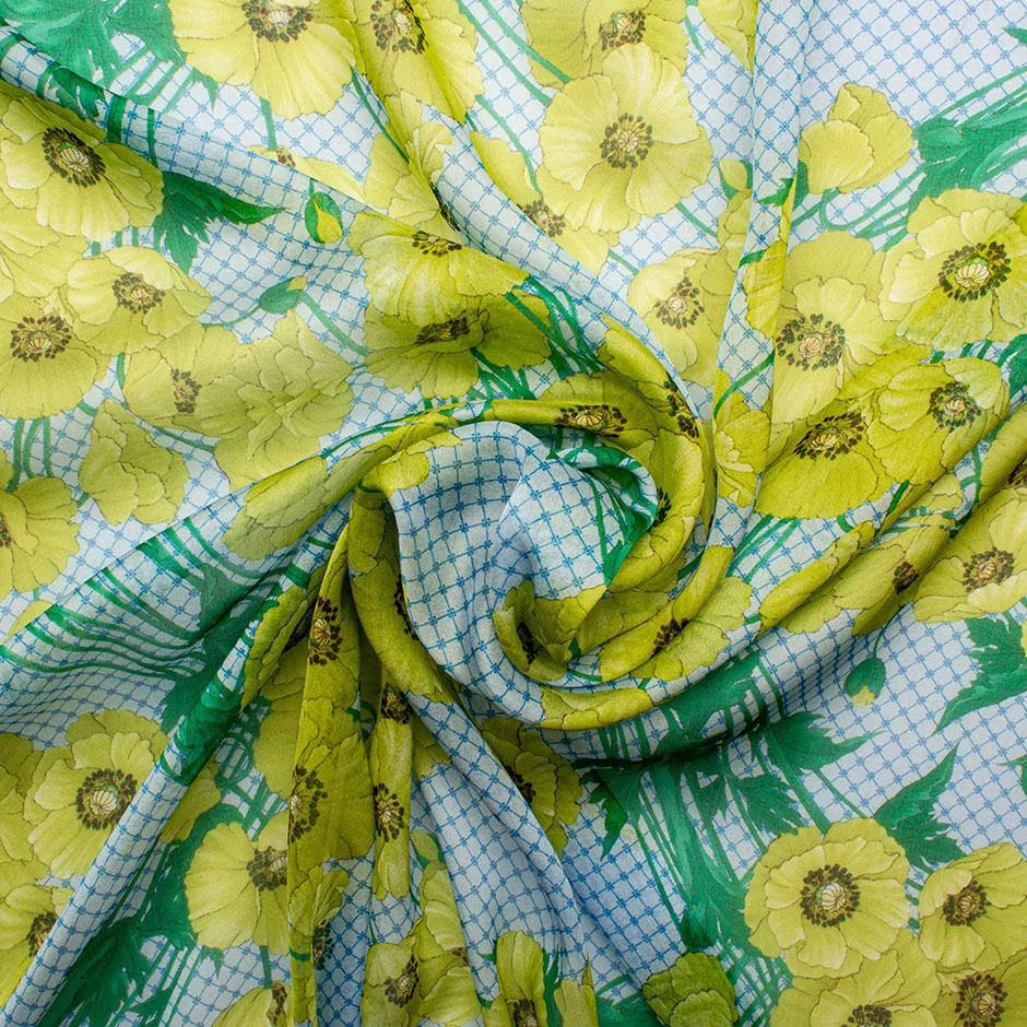 Yellow Poppy Printed Pure Silk Chiffon (A 2m Piece)